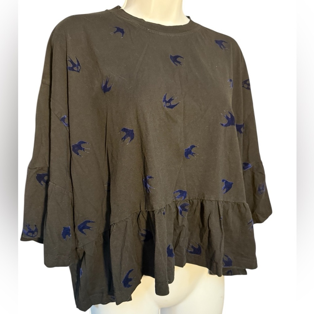 Alexander McQueen McQ Black Blue Velvet Swallow Flock Ruffled T Shirt - Picture 5 of 10